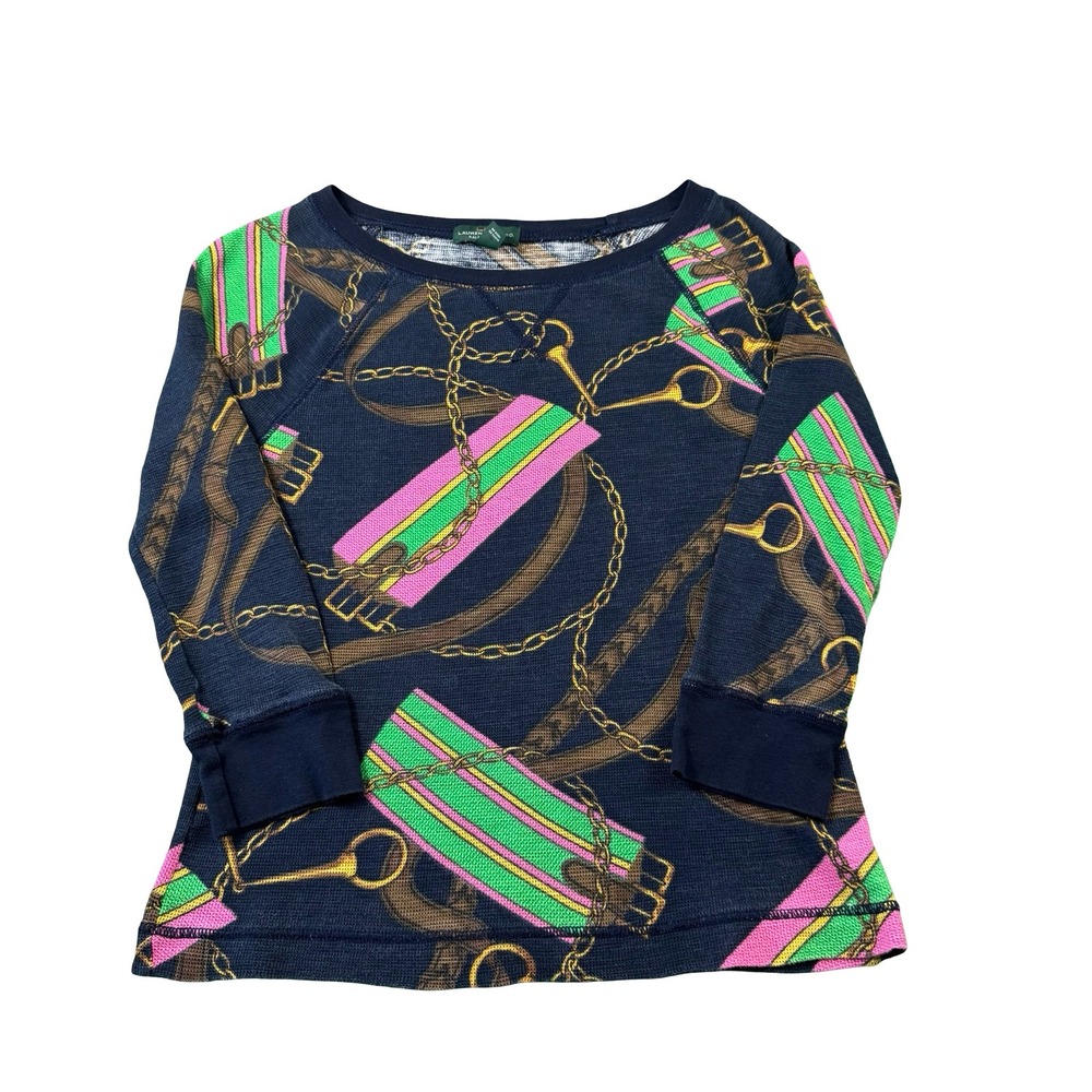 Lauren Ralph Lauren Navy Equestrian Chain Print Waffle Knit Thermal Top Womens S